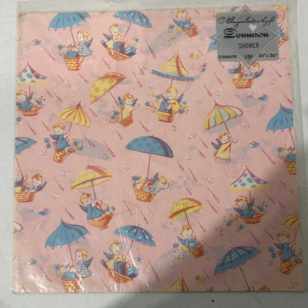 VINTAGE WRAPPING PAPER- NEW BABY, BABY SHOWER, CHILD GIFT, 7 Packs Dennison